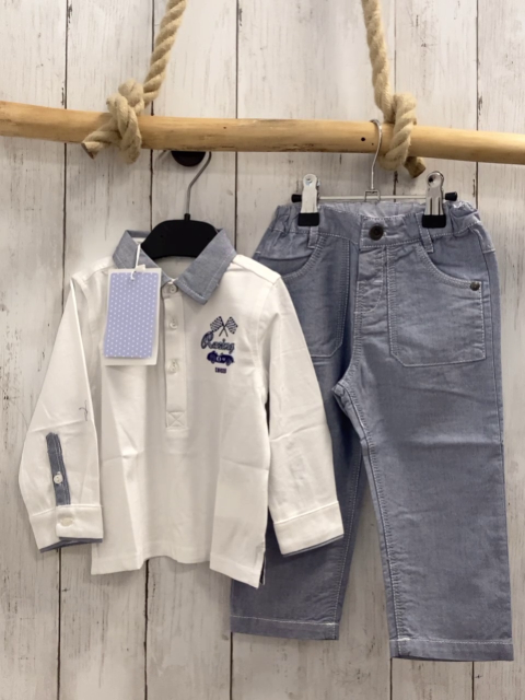 Chicco neu 2tlg Langarmshirt + Hose Gr. 74  weiß blauer Kragen + blau meliert Bund verstellbar