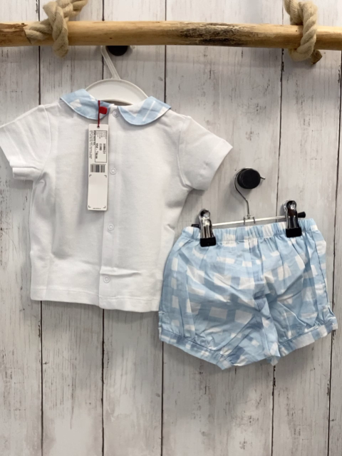 Boboli neu 2tlg  T-Shirt + Shorts Gr. 62  weiß Fische blau weiß karierter Kragen + Shorts 