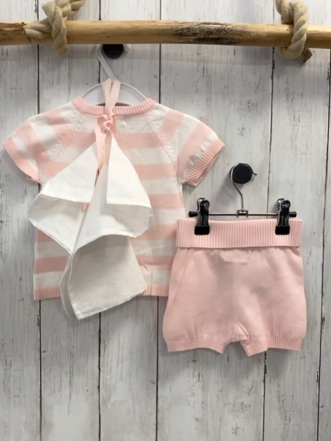 Boboli neu 3tlg  T-Shirt + Shorts + Beutel Gr. 68  rosa weiß gestreift Strick Rüsschen