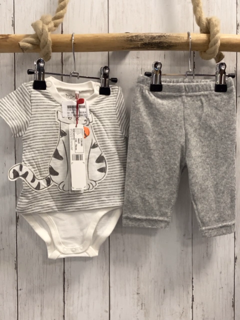 Boboli neu 2tlg  T-Shirt + Hose  Gr. 56  grau weiß gestreift Katze Bodyunterteil + grau Frottee