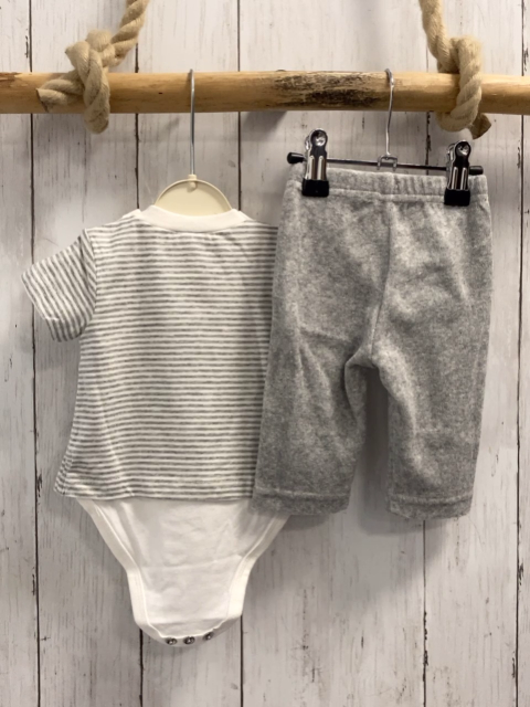 Boboli neu 2tlg  T-Shirt + Hose  Gr. 68  grau weiß gestreift Katze Bodyunterteil + grau Frottee