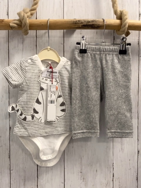 Boboli neu 2tlg  T-Shirt + Hose  Gr. 74  grau weiß gestreift Katze Bodyunterteil + grau Frottee