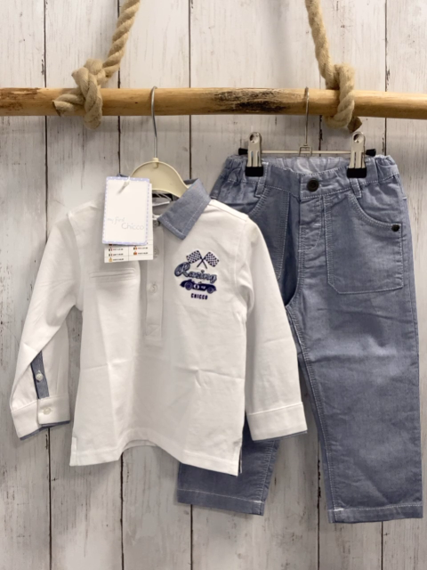 Chicco neu 2tlg Langarmshirt + Hose Gr. 80  weiß blau melierter Kragen + Hose NP 57,90 €