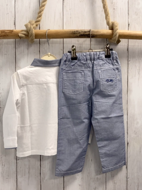 Chicco neu 2tlg Langarmshirt + Hose Gr. 80  weiß blau melierter Kragen + Hose NP 57,90 €