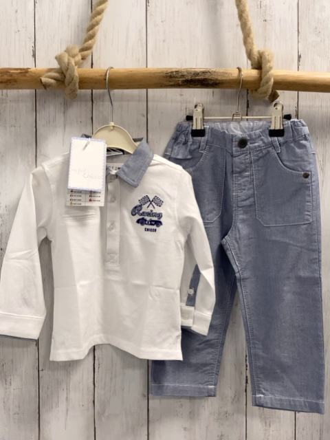 Chicco neu 2tlg Langarmshirt + Hose Gr. 74  weiß blau melierter Kragen + Hose NP 57,90 €