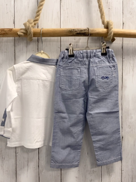 Chicco neu 2tlg Langarmshirt + Hose Gr. 86  weiß blau melierter Kragen + Hose NP 57,90 €