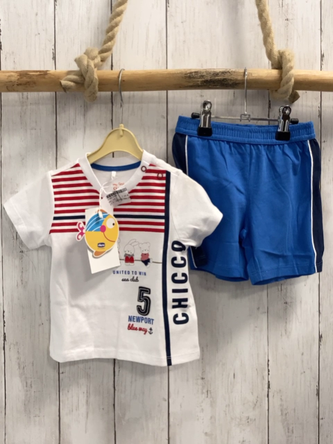 chicco neu 2tlg T-Shirt + Shorts  Gr. 74  weiß rote Streifen Schirft Tiere NP 24,90 €