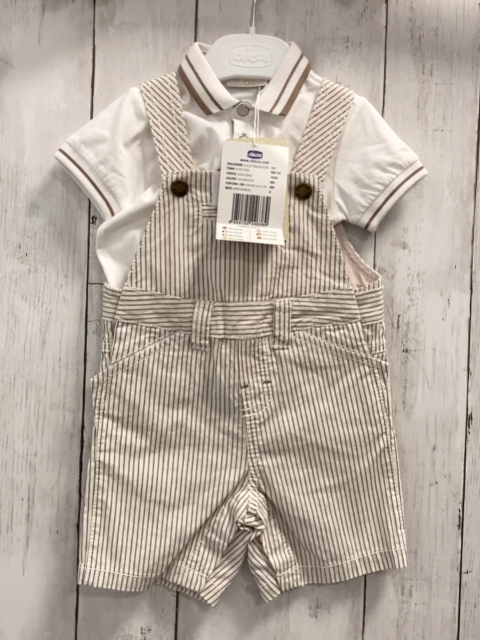 chicco neu 2tlg T-Shirt + Latzshorts Gr. 68  weiß Kragen mit brauen Streifen + weiß hellbraun gestreift NP 57,90 €