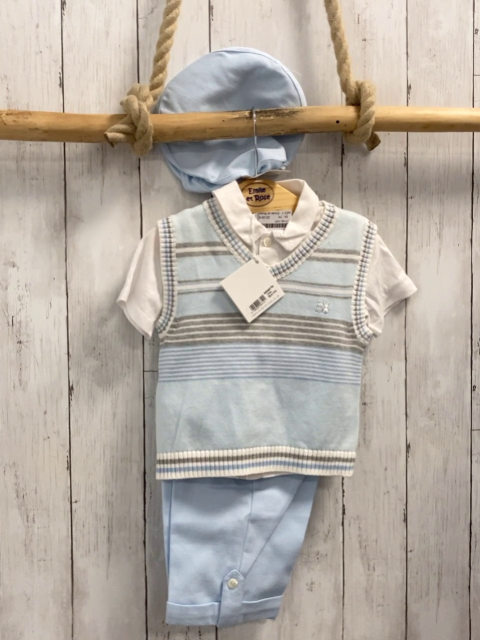 Emile et Rose 4tlg neu Sommerhemd + Pullunder + Shorts + Kappe Gr. 74  weiß + hellblau grau weiß Streifen + hellblau 