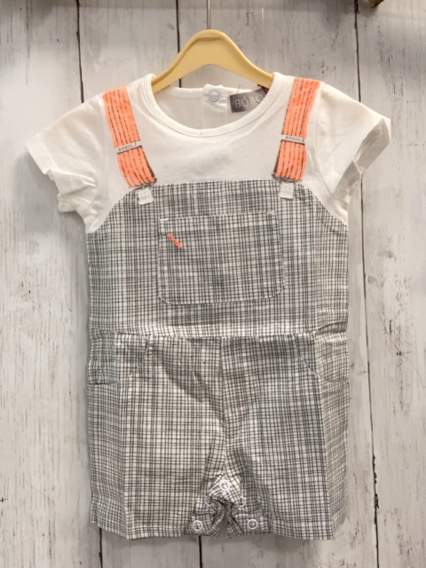 Boboli neu Playsuit Gr. 74  weiß grau kariert Latzoptik aprikot Hosenträger