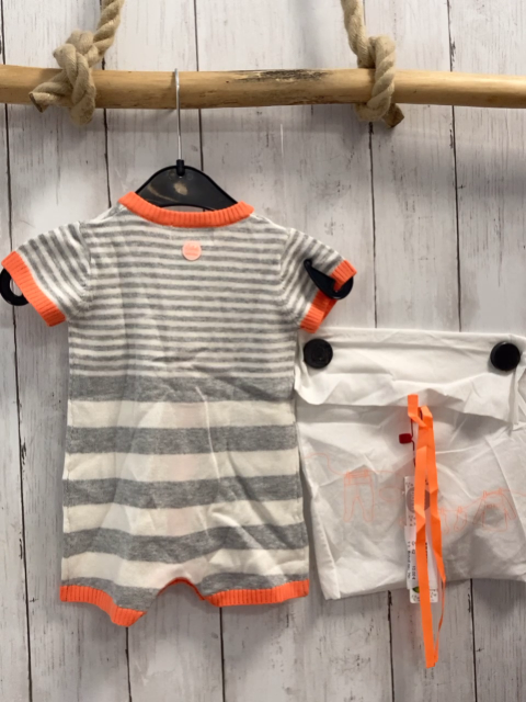 Boboli neu 2tlg Playsuit + Beutel Gr. 62  grau weiß gestreift orange Bund Strick 