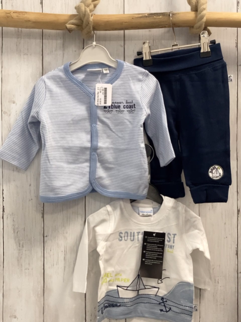 3tlg neu blue seven Sweatjacke + Langarmshirt + Hose Gr. 56  blau weiß gestreift + weiß Schrift Boot Meer + dunkelblau