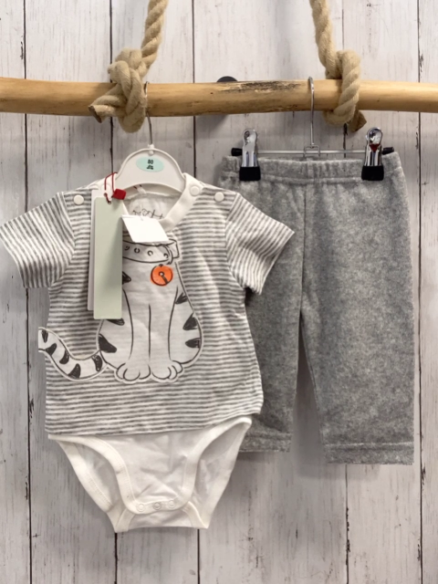 Boboli neu 2tlg T-Shirt + Hose Gr. 62  weiß grau gestreift Katze + grau Frottee