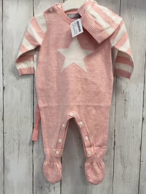 3tlg Boboli neu Strickoverall + Mütze + Beutel Gr. 62  rosa weiß Streifen + Stern 