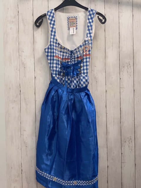 2tlg  Trachtenkleid + Schürze  Gr. 34  blau weiß kariert + blau mit Borte mit Edelweiß 