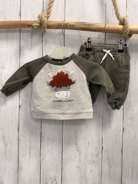 2tlg Pullover + Jogginghose Gr. 62  grau oliv Ärmel Kuh + oliv 