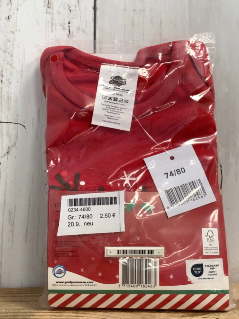 neu  Body  Gr. 74/80  rot lang mit Reh mit Lichterkette 