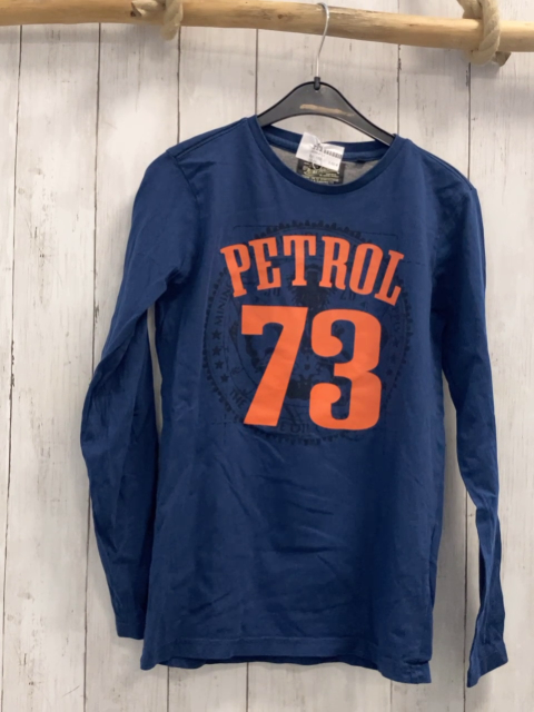   Langarmshirt  Gr. 152  blau orange Schrift schwarzer Druck