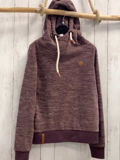 Naketano  Pullover  Gr. M aubergine hellgrau meliert Fleece Kapuze Kordel 