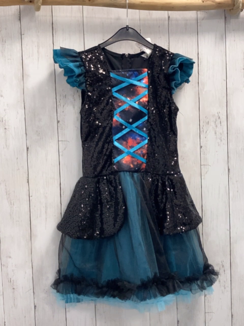  Karnevalkostüm Gr. 140  türkis petrol schwarzes Kleid mit schwarzen Pailetten hlellblauer Schnürung 