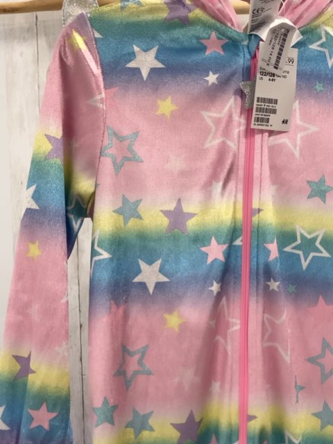 neu  Karnevalkostüm  Gr. 122/128  bunte Pastellstreifen mit Sternen Kapuze mit Einhorngesicht silber Flügel NP 24,99€