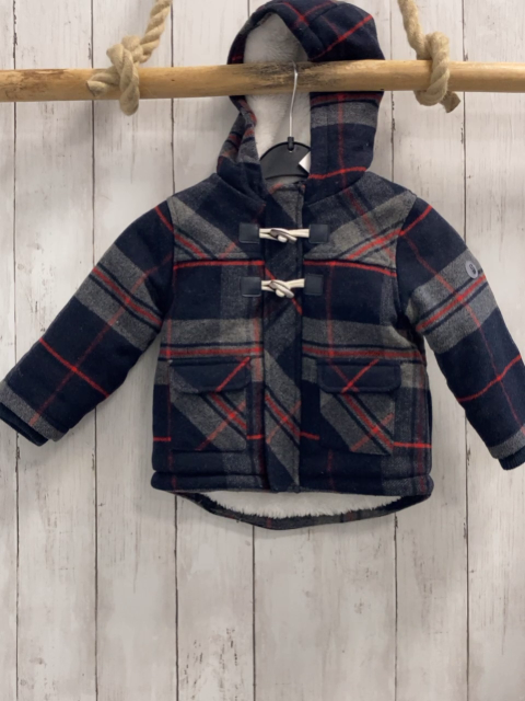 Obaibi Jacke  Gr. 80  blau grau rot kariret wolloptik Kapuze Knebelknöpfe 
