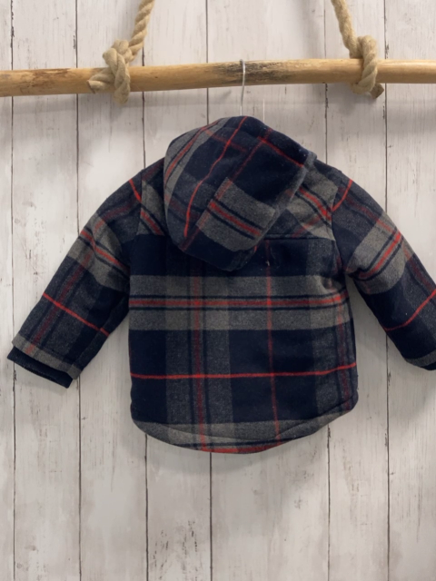 Obaibi Jacke  Gr. 80  blau grau rot kariret wolloptik Kapuze Knebelknöpfe 