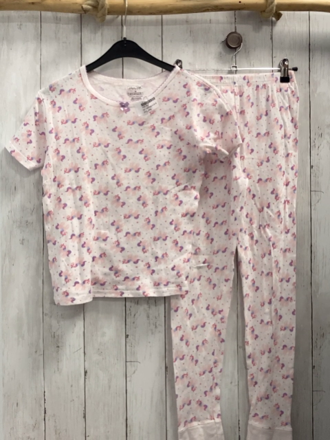 2tlg  Schlafanzug  Gr. 146/152   T-Shirt + Leggings weiß mit Lochmuster + Einhörnern 