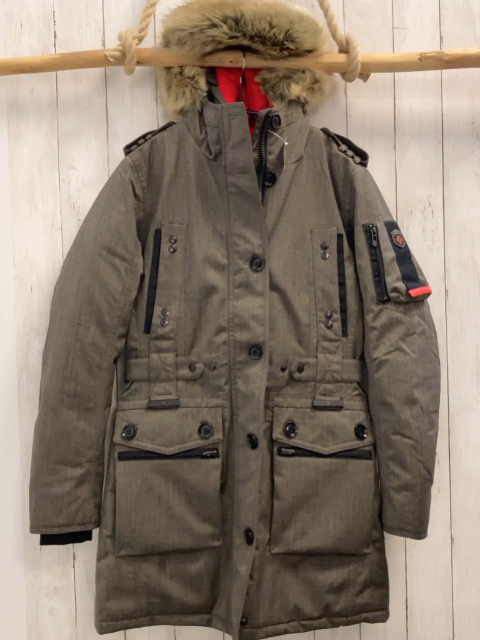 Wellensteyn  Winterjacke  Gr. S grau schwarze Knöpfe + Reißverschlüsse Kapuze mit abtrennbarem Fellbund rotes Futter 