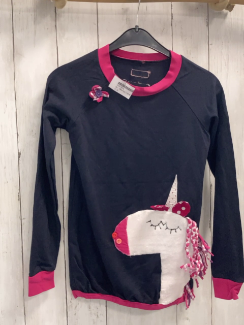   Langarmshirt  Gr. 146/152  blau weißes Plüscheinhorn pink Bund 