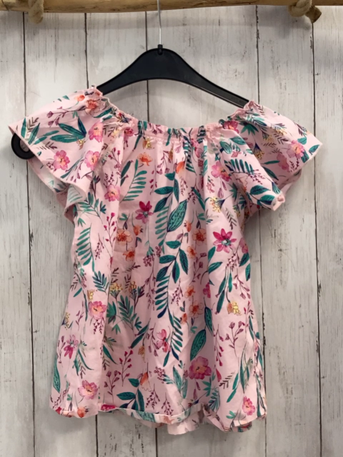  Sommerbluse  Gr. 128  rosa bunte Blumen + grüne Blätter 