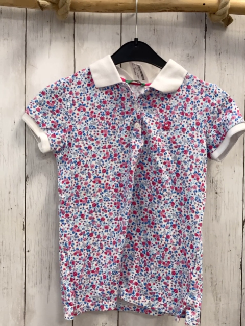 Benetton  T-Shirt Gr. 128  weiß rot rosa Blumen blau hellblaue Bätter weißer Polokragen