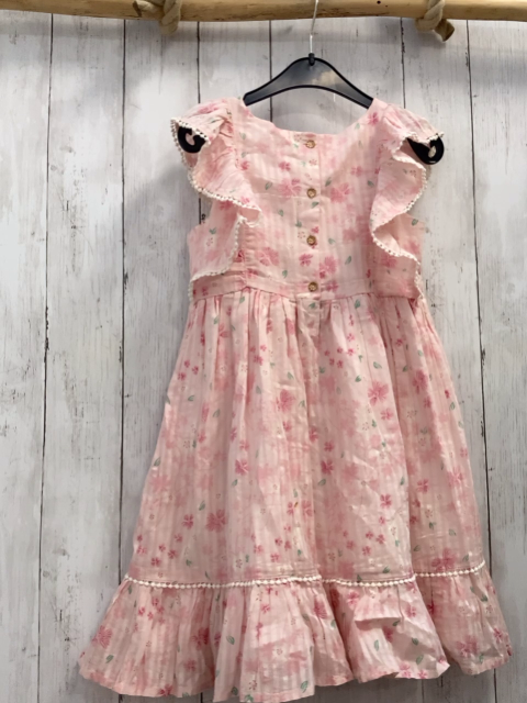  Kleid  Gr. 128  rosa Blumen türkis Blätter weißer Häkelsaum 