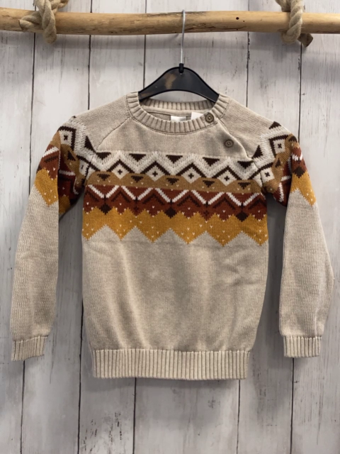   Pullover  Gr. 110  beige Strick + ocker braun dunkelbraun weißes Muster mit Zackenstreifen 