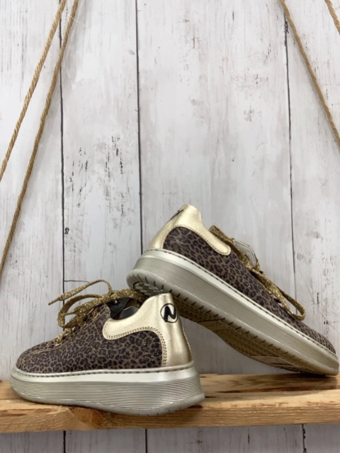Naturino  Schuhe Gr. 34  braun schwarz leoprint + golden + grau + goldene Glitzerschnürsenkel 
