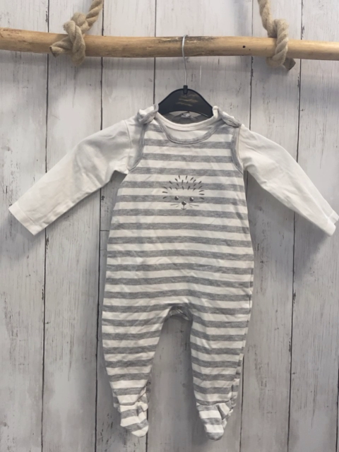 2tlg Kanz  Strampler + Langarmshirt  Gr. 68  grau weiße Streifen Igel + weiß 