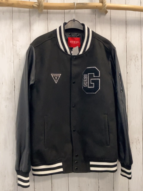 Guess  Collegejacke  Gr. L schwarz Kunslederoptikärmel weißer Streifenbund (mit Flecken)