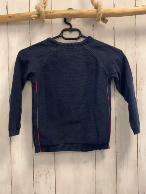 Kanz  Pullover  Gr. 140  blau Strick gelbe Schrift rote Nähte 