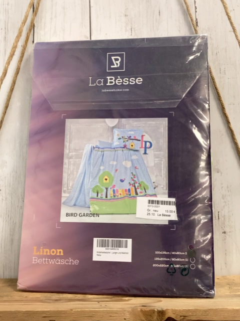 La Bèsse Bettwäsche  100 x 135 / 40 x 60 Linon hellblau weiß kariert + grün mit weißen Punkten Gartenzaun Bäume 