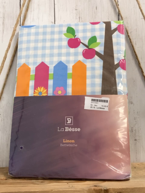 La Bèsse Bettwäsche  100 x 135 / 40 x 60 Linon hellblau weiß kariert + grün mit weißen Punkten Gartenzaun Bäume 