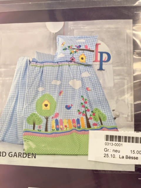 La Bèsse Bettwäsche  100 x 135 / 40 x 60 Linon hellblau weiß kariert + grün mit weißen Punkten Gartenzaun Bäume 