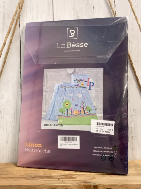 La Bèsse Bettwäsche  100 x 135 / 40 x 60 Linon hellblau weiß kariert + grün mit weißen Punkten Gartenzaun Bäume 