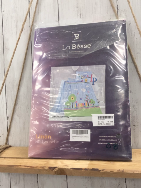 La Bèsse Bettwäsche  100 x 135 / 40 x 60 Linion hellblau weiß kariert + grün mit weißen Punkten Gartenzaun Bäume 