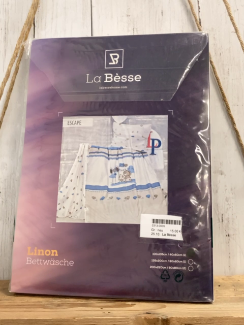 La Bèsse Bettwäsche  100 x 135 / 40 x 60 Linon  weiß hellblaue Streifen Bären Hasen Vögel 
