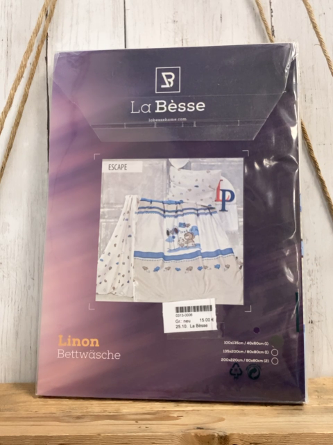 La Bèsse Bettwäsche  100 x 135 / 40 x 60 Linon  weiß hellblaue Streifen Bären Hasen Vögel 