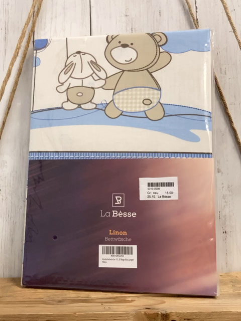 La Bèsse Bettwäsche  100 x 135 / 40 x 60 Linon  weiß hellblaue Streifen Bären Hasen Vögel 