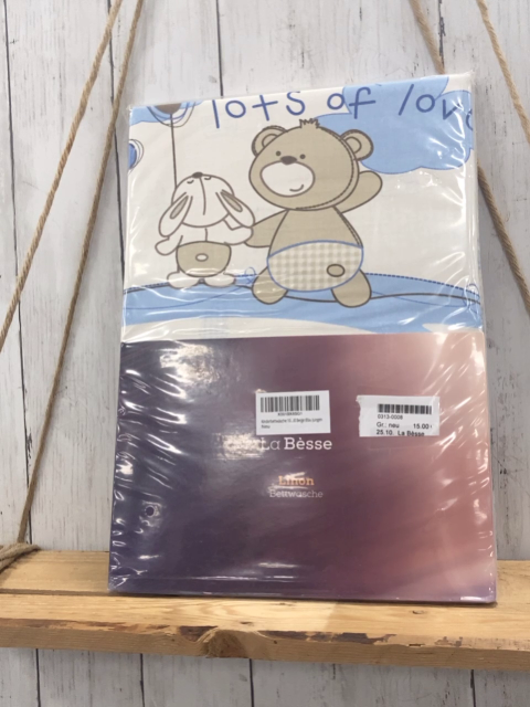 La Bèsse Bettwäsche  100 x 135 / 40 x 60 Linion  weiß hellblaue Streifen Bären Hasen Vögel 