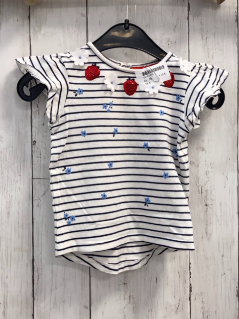   T-Shirt  Gr. 86  weiß blaue Streifen Blumen rote Pailettenerdbeeren 