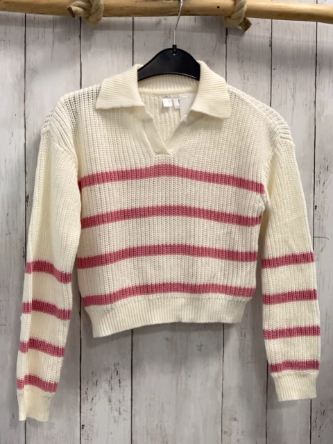  Pullover Gr. 128  weiß pink Streifen Kragen kurz geschnitten