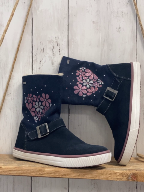 Lurchi Stiefel Gr. 33  blau Glitzerblumen Teddyfutter